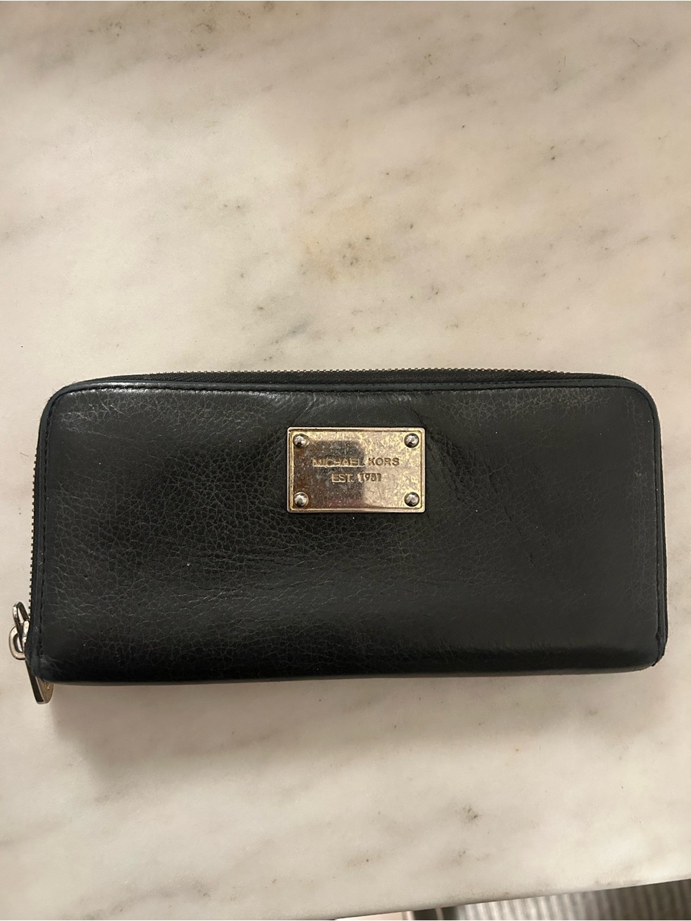 Michael Kors Black Leather Zip Wallet with Gold Logo Plaque